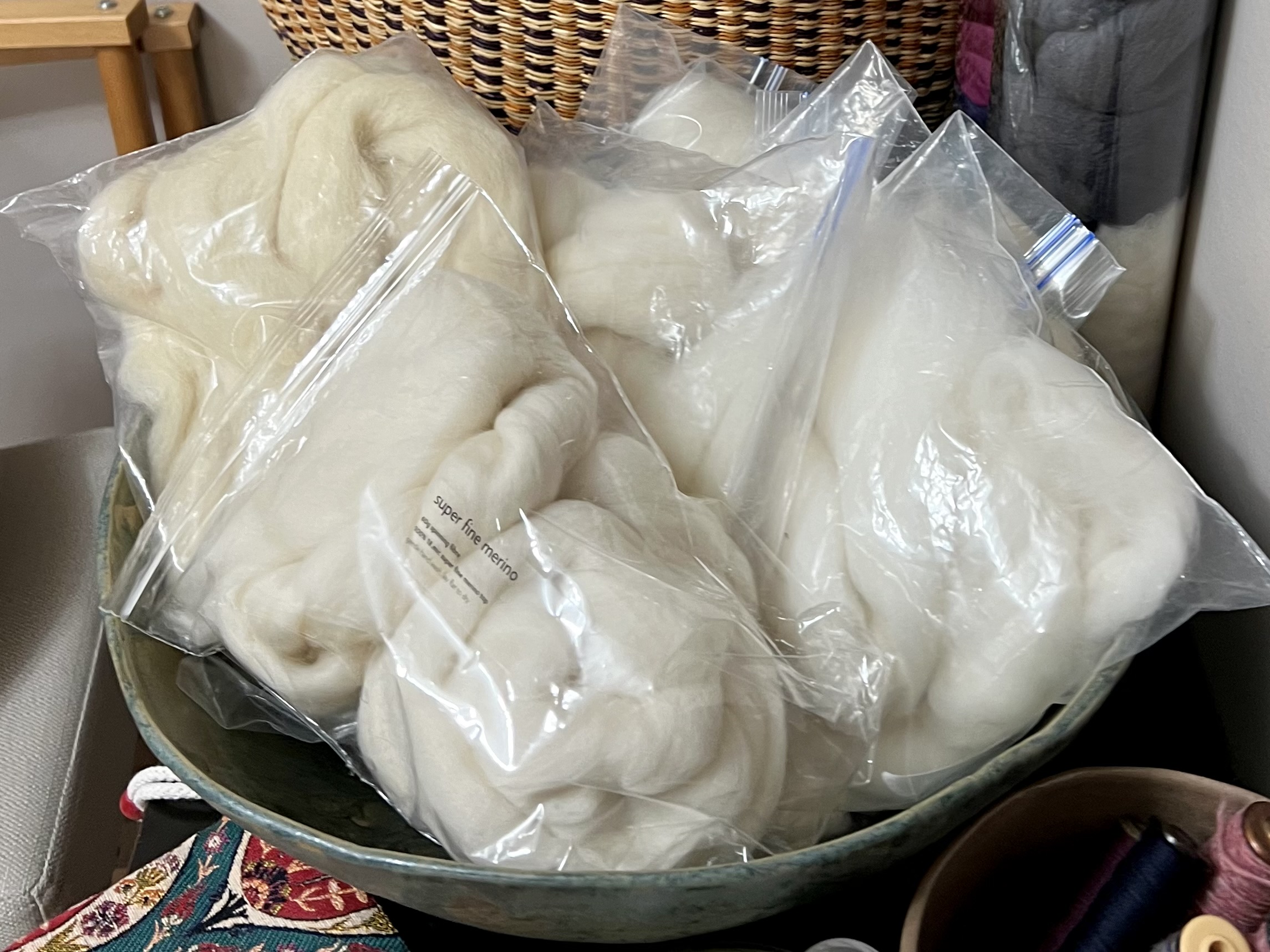 My bowl of wool with all six different sheep breeds